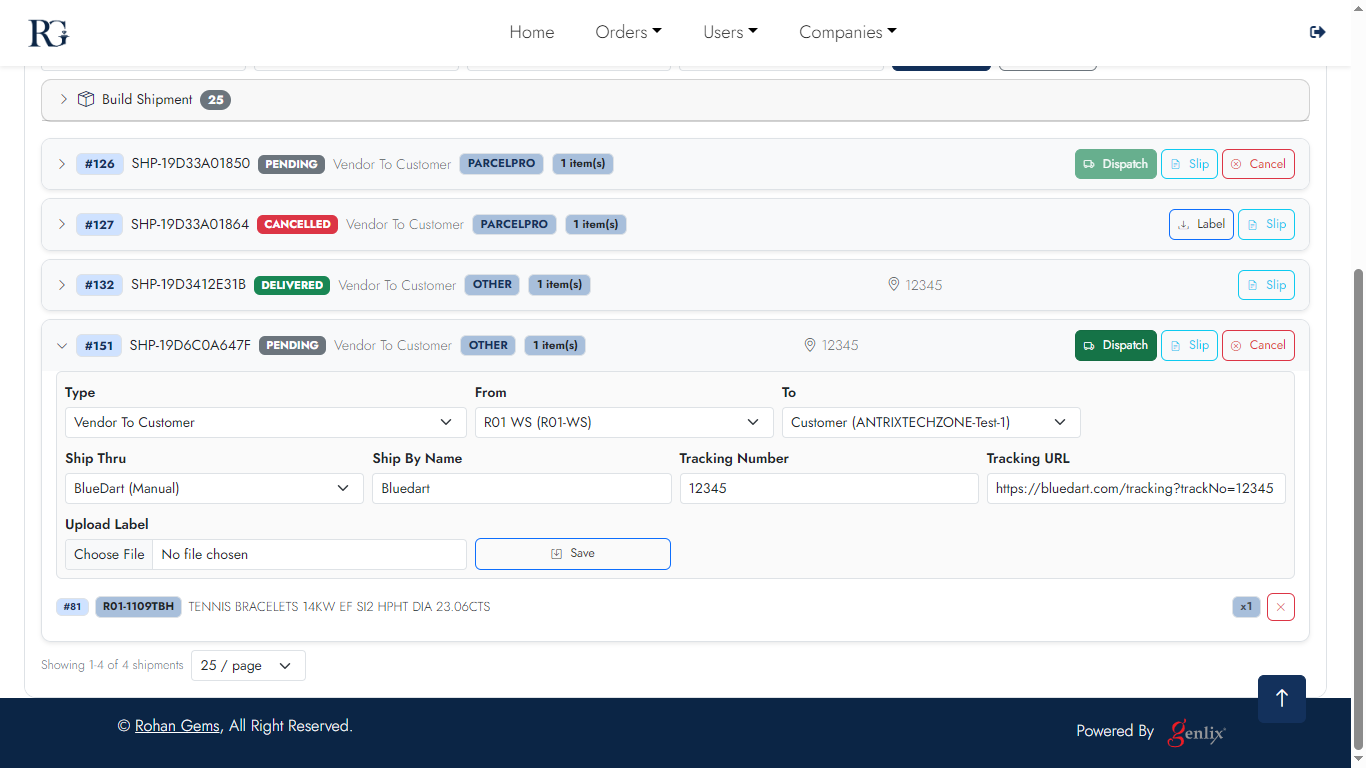 Dispatched Shipments detail
